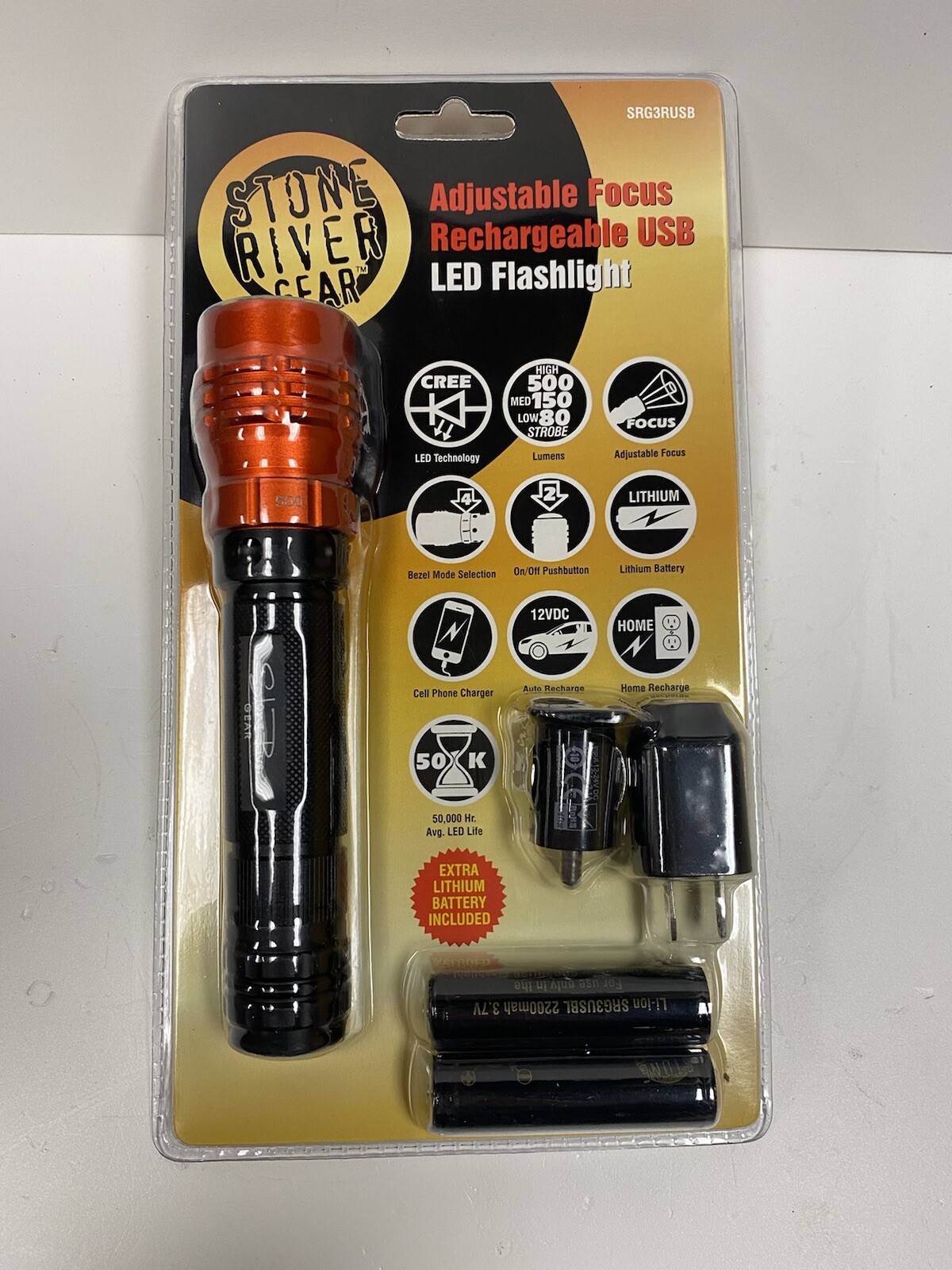 Stone River Gear SRG3RUSB Black/Orange USB Rechargeable CREE LED Flashlight NEW