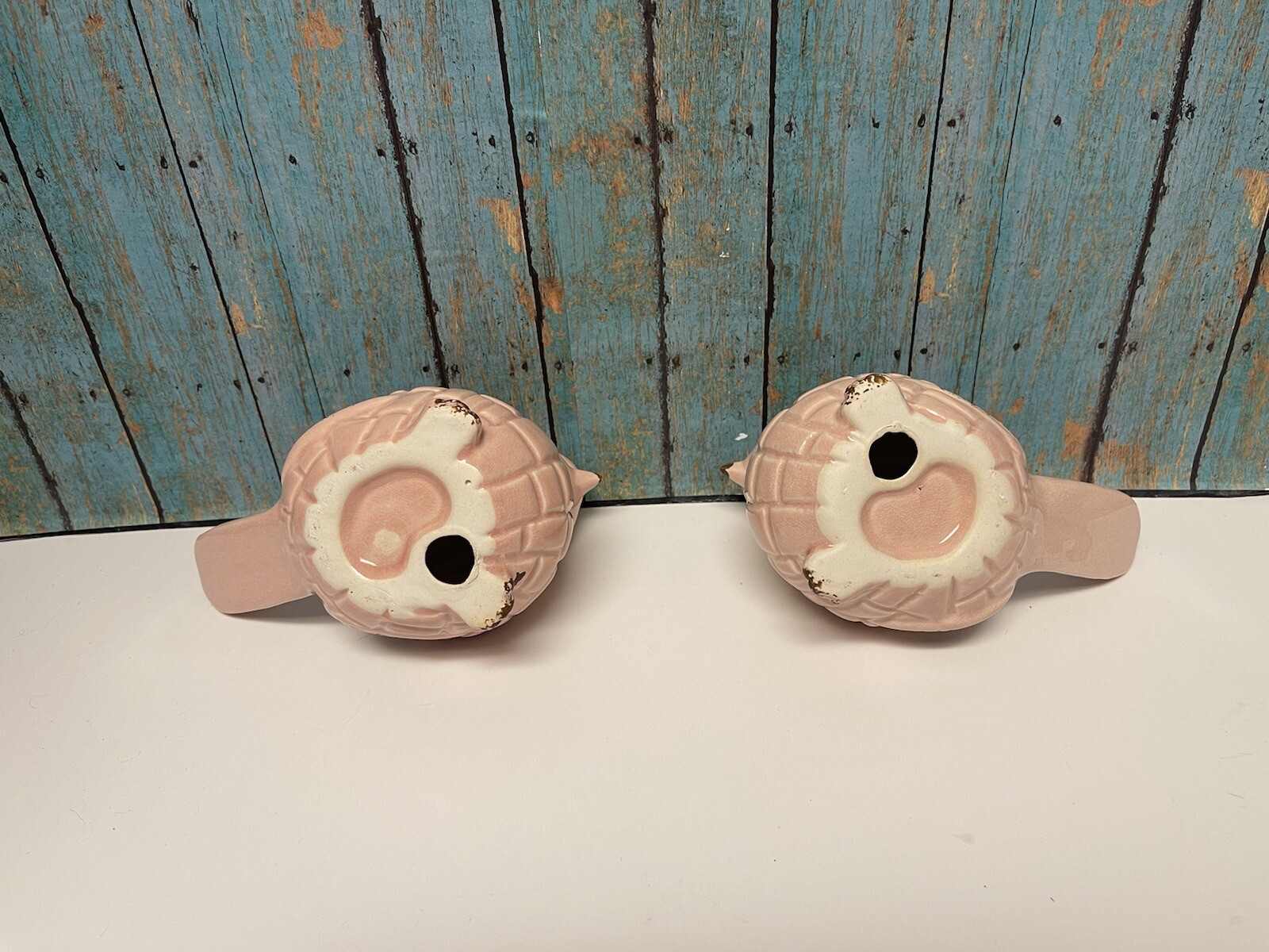 2 Ceramic Birds Pink Sparrows Floral Embossed 4” High