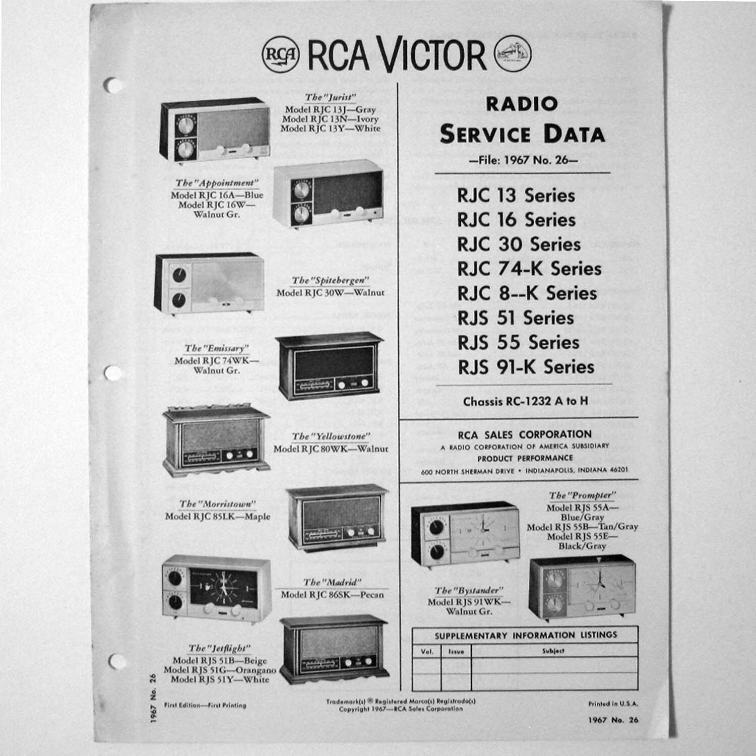 RCA ® Models RJC 13 16 30 74-K 8--K RJS 51 55 91-K Radio Service Manual © 1967