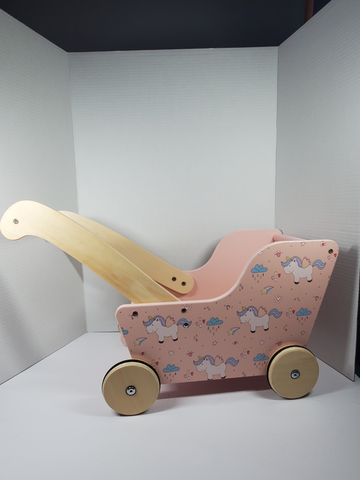 MOOVER Toys Pram Walker Stroller Pink w UNICORNS 2022 DENMARK Baby Doll Wooden