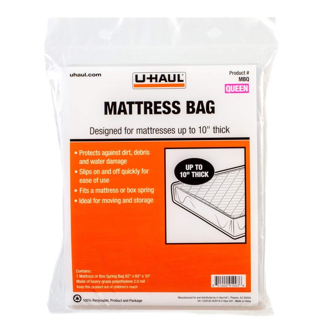 U-Haul Queen Mattress Bag – - 92" x 60" x 10", Clear