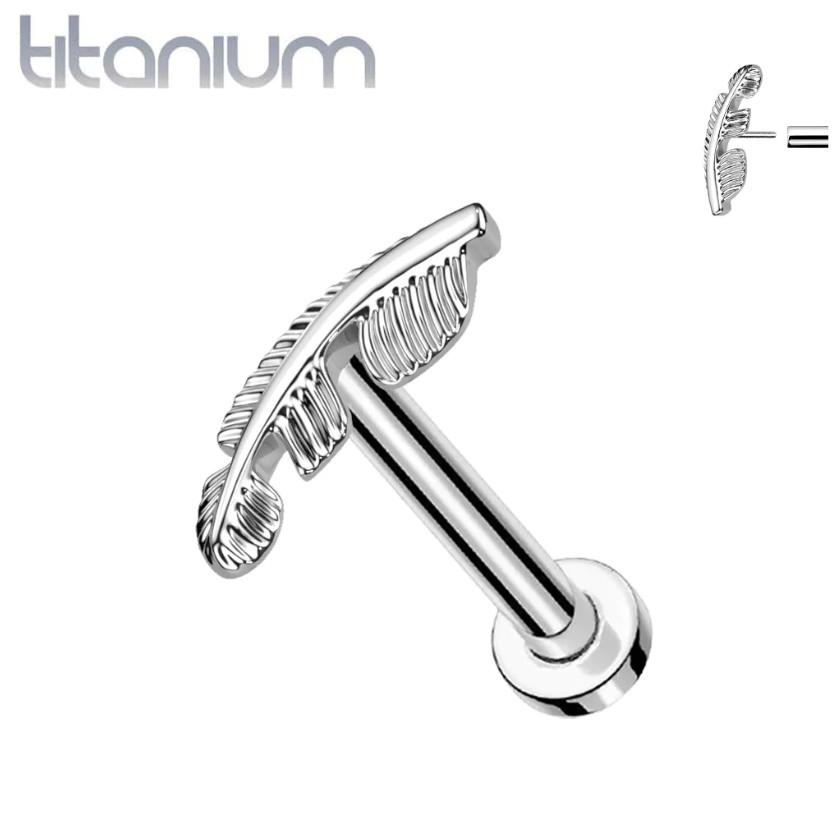 16G IMPLANT GRADE TITANIUM FEATHER LEAF THREAD-LESS PUSH IN LABRET STUD TRAGUS