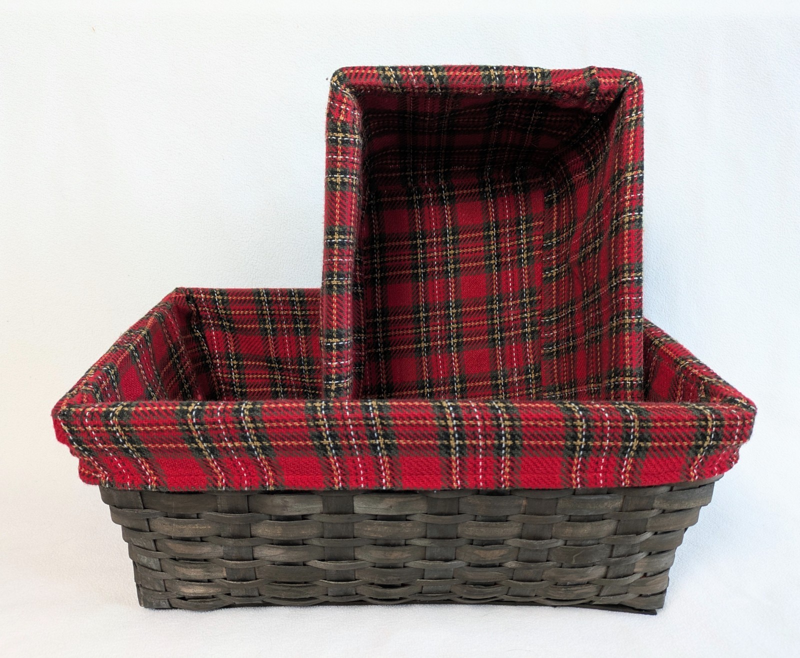Split Reed Wicker Rectangle Nesting Baskets Holiday Plaid Fabric Lined Set Of 2