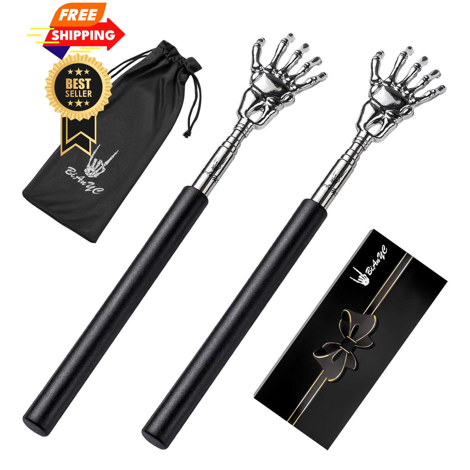 2-Pack Skeleton Hand Back Scratcher Portable Extendable 3 Piece Set, Black