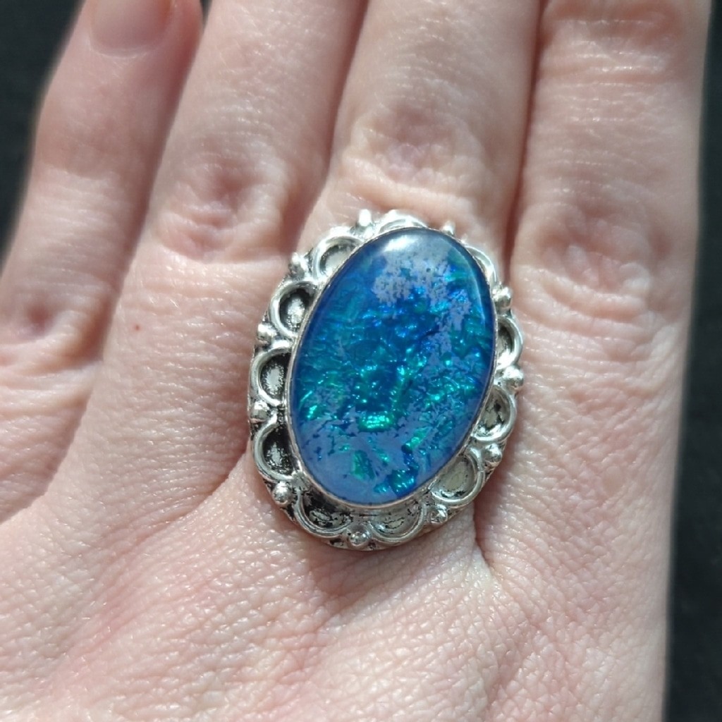 Silver Plated Blue Australian Triplet Opal Gemstone Statement Ring - Size 8.5