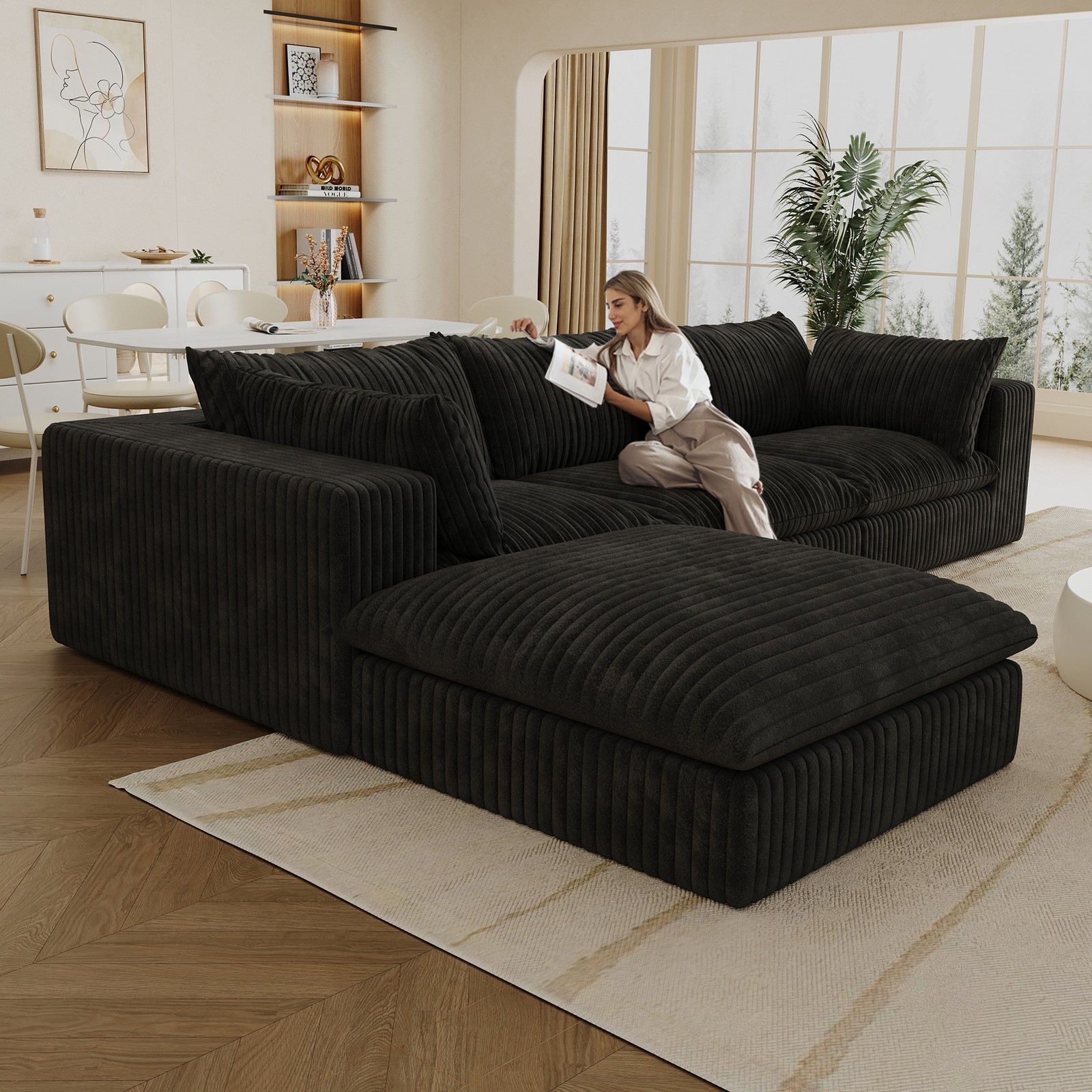 118.2" Cloud Sofa,Corduroy Fabric,Deep Seat Couch Double-layer Sofa Bed Black