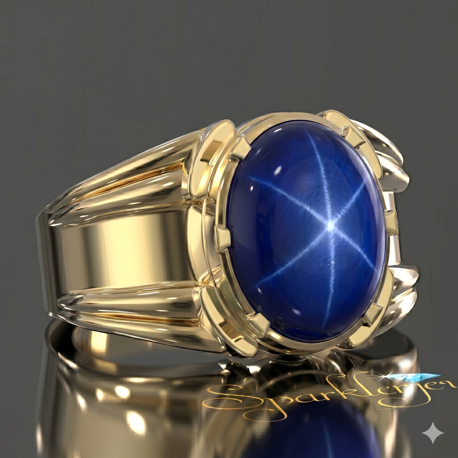 6 Ray Blue Star Sapphire Ring 925 Sterling Silver Lindy Star Gemstone Mens Ring