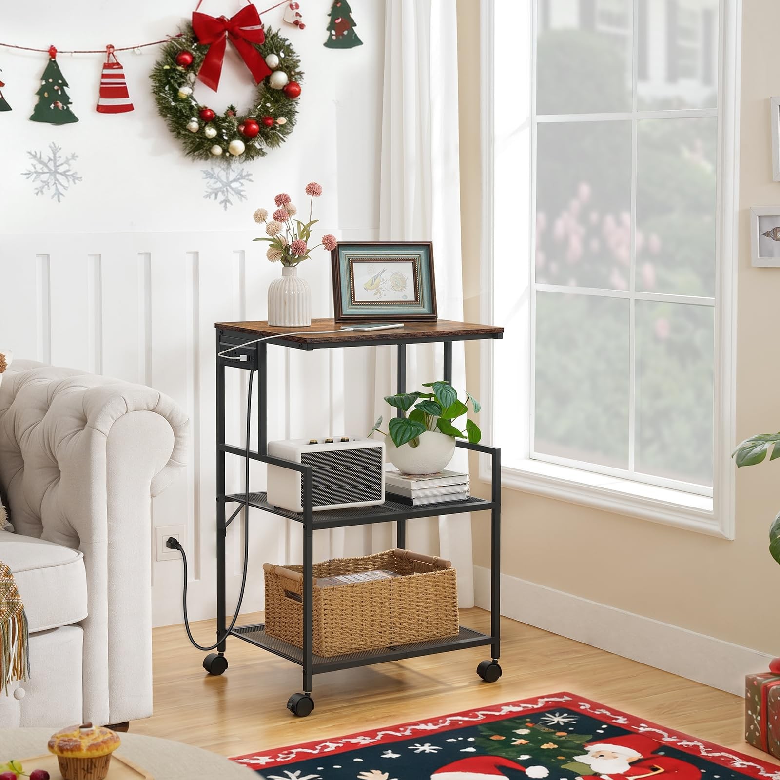 Mobile Printer Stand, 3-Tier Industrial Printer Cart with Power Outlets and 2...