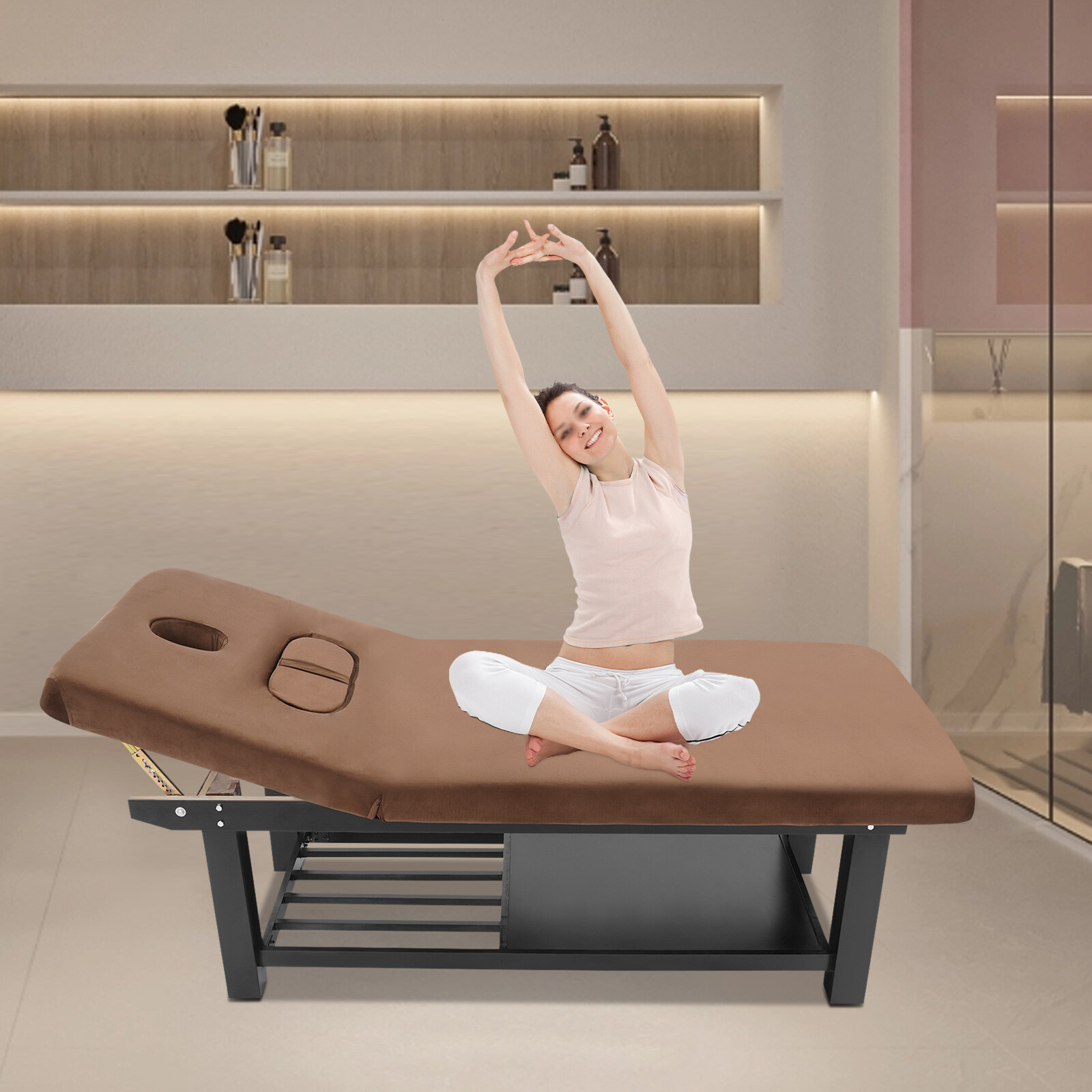 Massage Bed w/ Pillow Adjustable Backrest Physical Treatment Bed w/ 4 Legs Brown