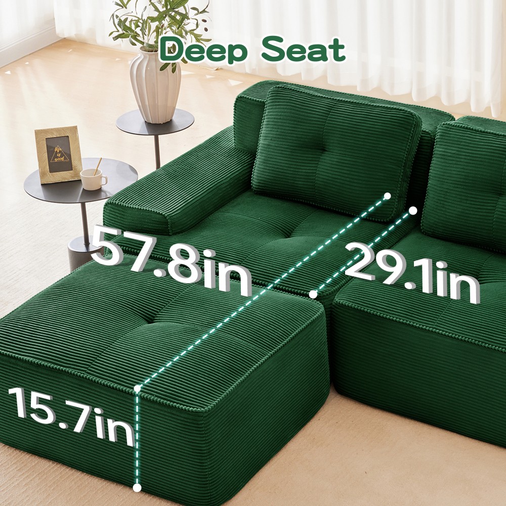 117" Modular Sectional Sofa w/ Corduroy Fabric, 3-Seater, Green
