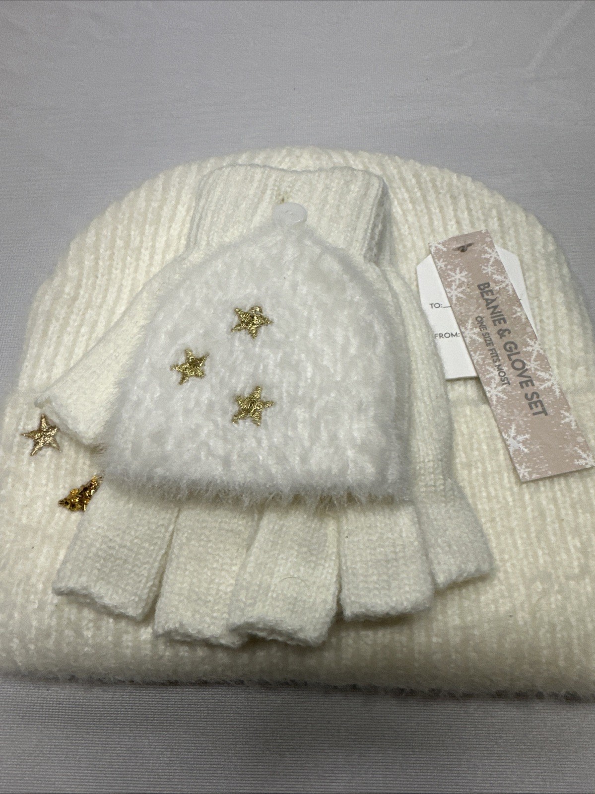 Women’s White Beanie & Glove Set Sparkle Star Design One Size NWT Winter Warm