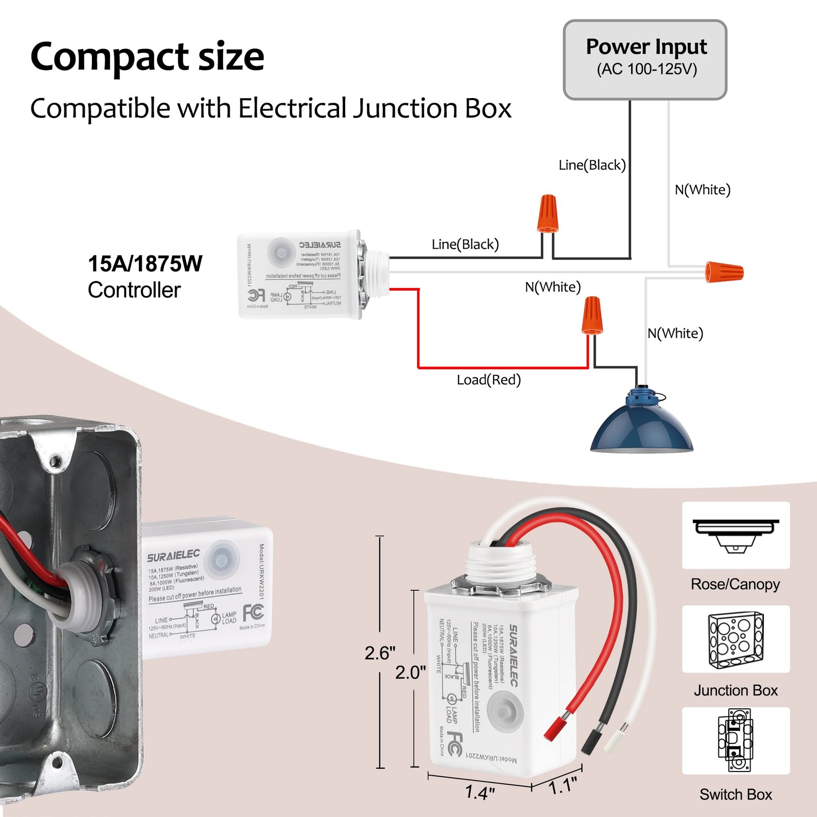 Wireless Light Switch and Receiver Kit, 15A High Power, No Wiring, 100ft RF R...