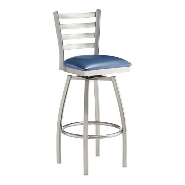 10 PACK Ladder Back Clear Coat Swivel Metal Restaurant Barstool With Navy Vinyl