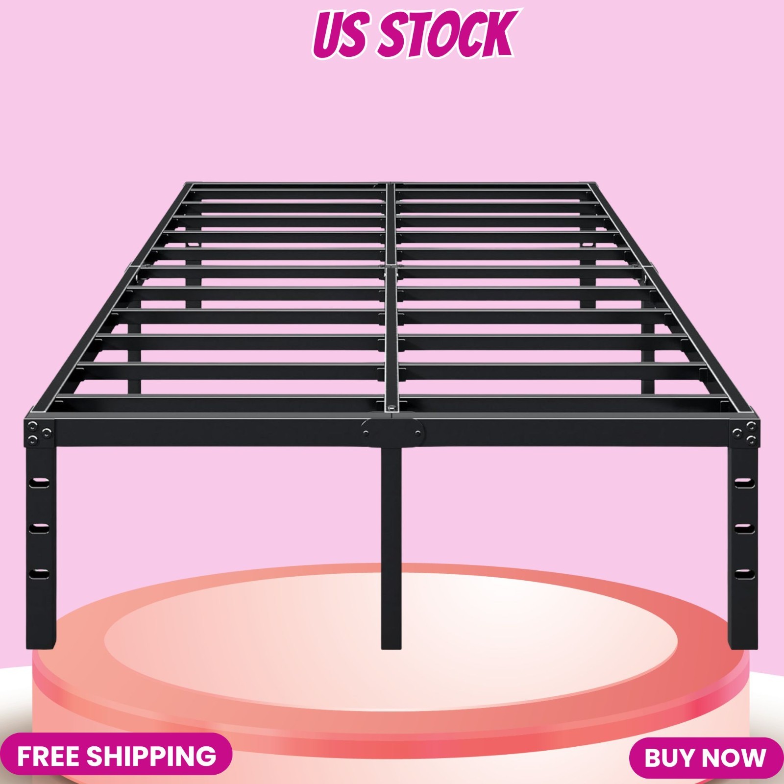 NEW 14in Queen Metal Bed Frame Heavy Duty Platform No Box Spring Storage Black