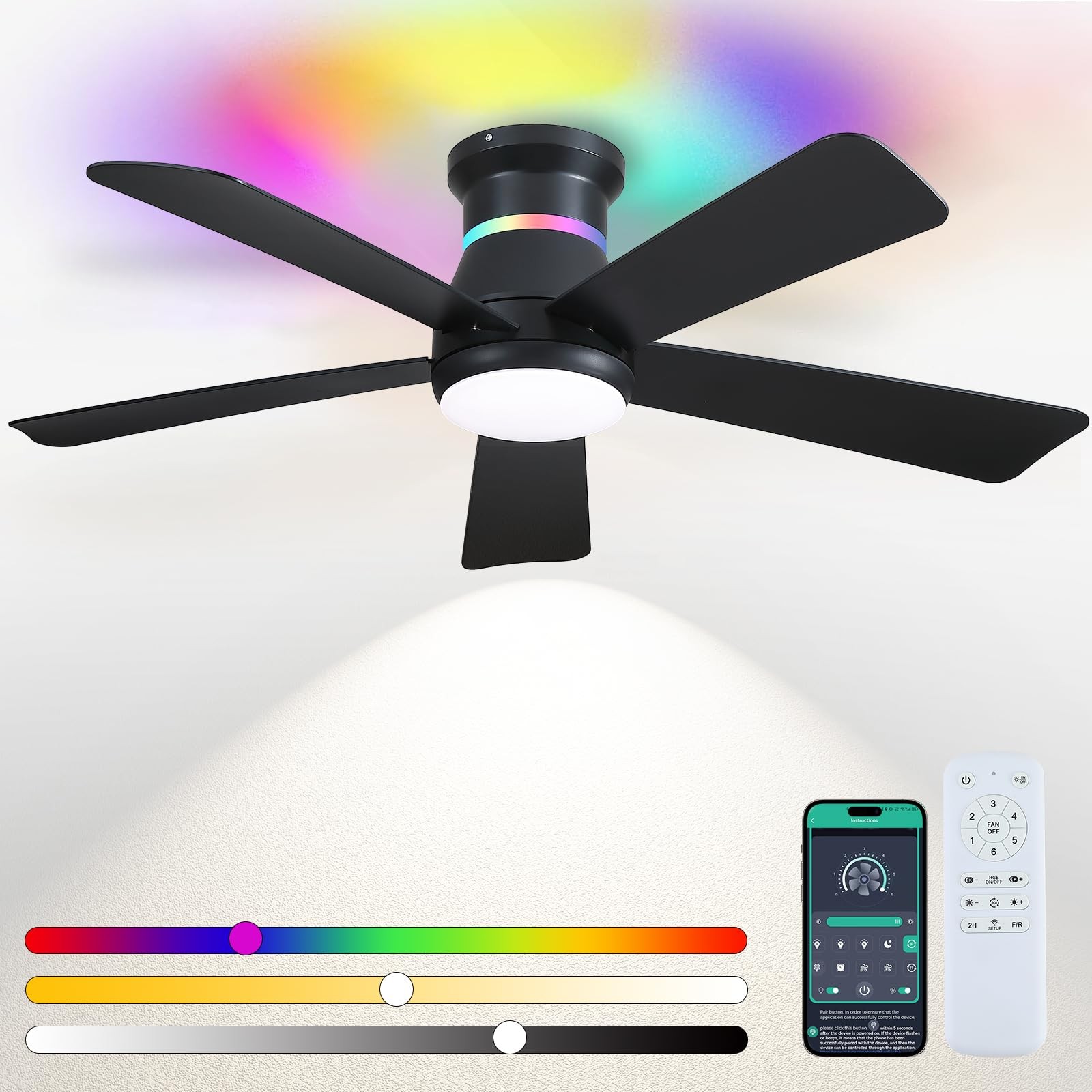 46" Black Ceiling Fans with RGB Lights - Flush Mount Ceiling Fan Light with L...