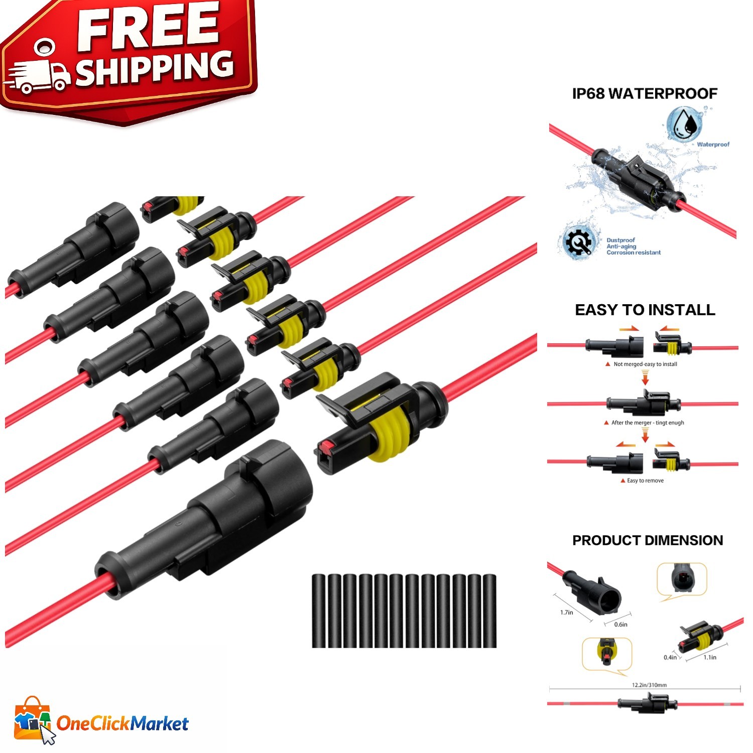 1 Pin Waterproof Connector - 16 AWG Automotive Electrical Connector Set of 6
