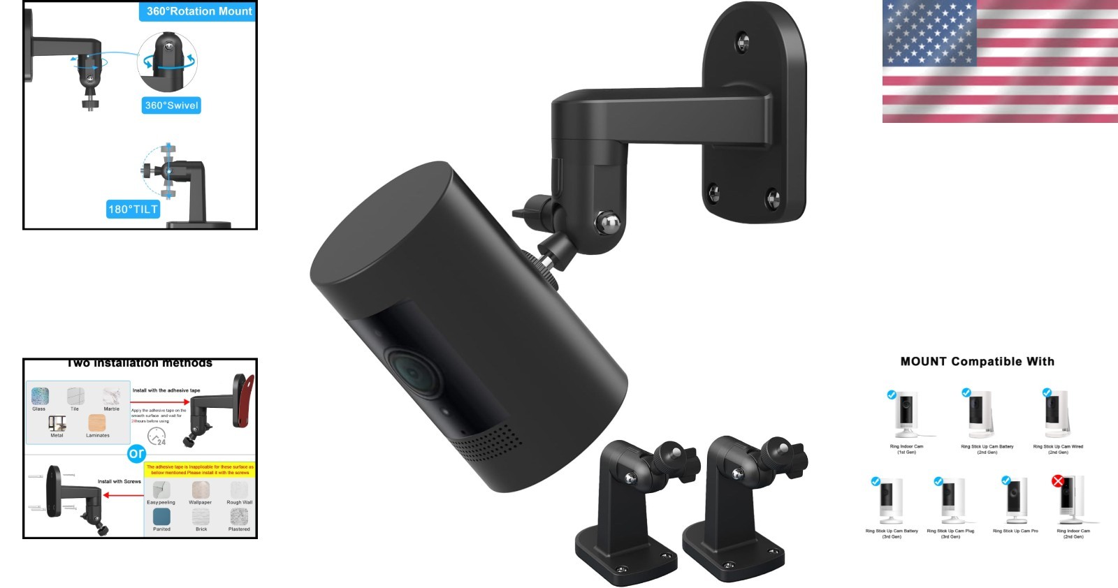 Weatherproof Aluminum Wall Mounts for Ring Cameras - 2-Pack Adjustable Bracket