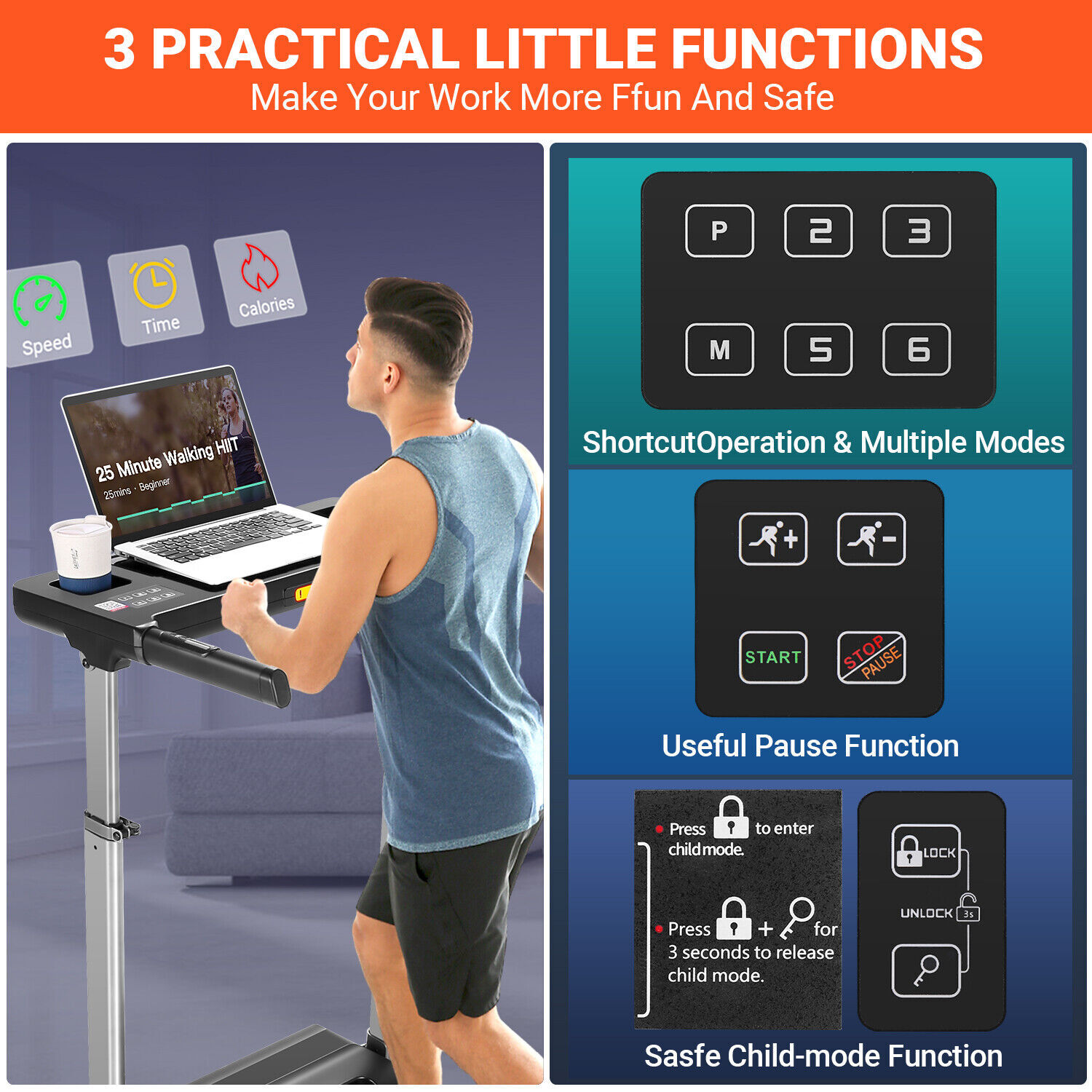 2.5HP Folding Treadmill w/Adjustable Desk Soft Drop System, Running Pad Machine