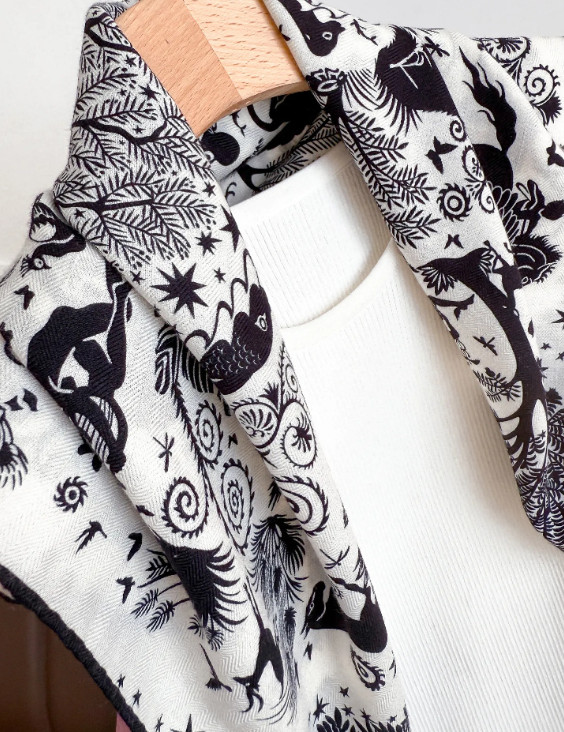 70% Cashmere 30% Silk Neckerchief Bird Forest Print Scarf 65X65cm Bandana Shawl
