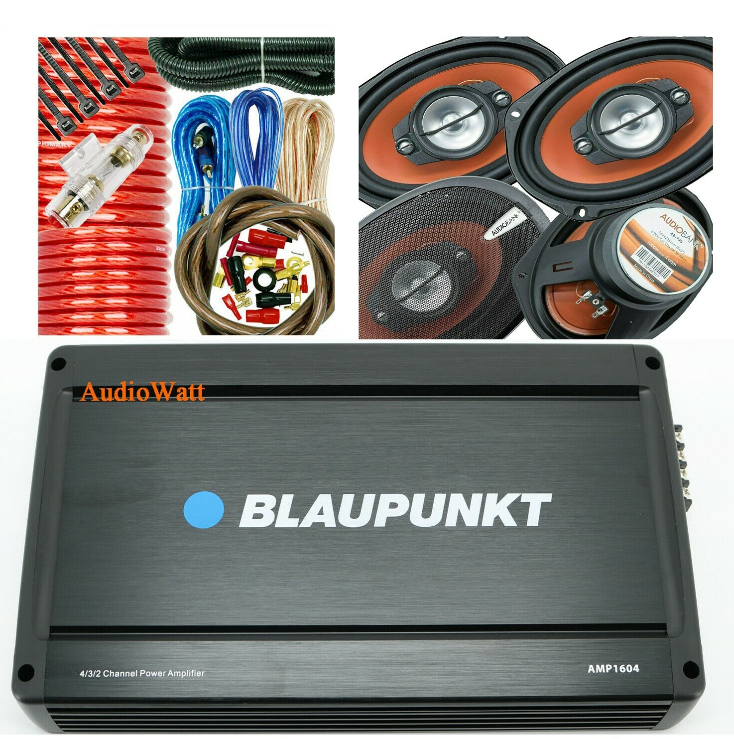 BLAUPUNKT AMP1604 4 CH 1600W AMP + 4x AB-790 6"x9" 1000W SPEAKERS + 4 GA AMP KIT