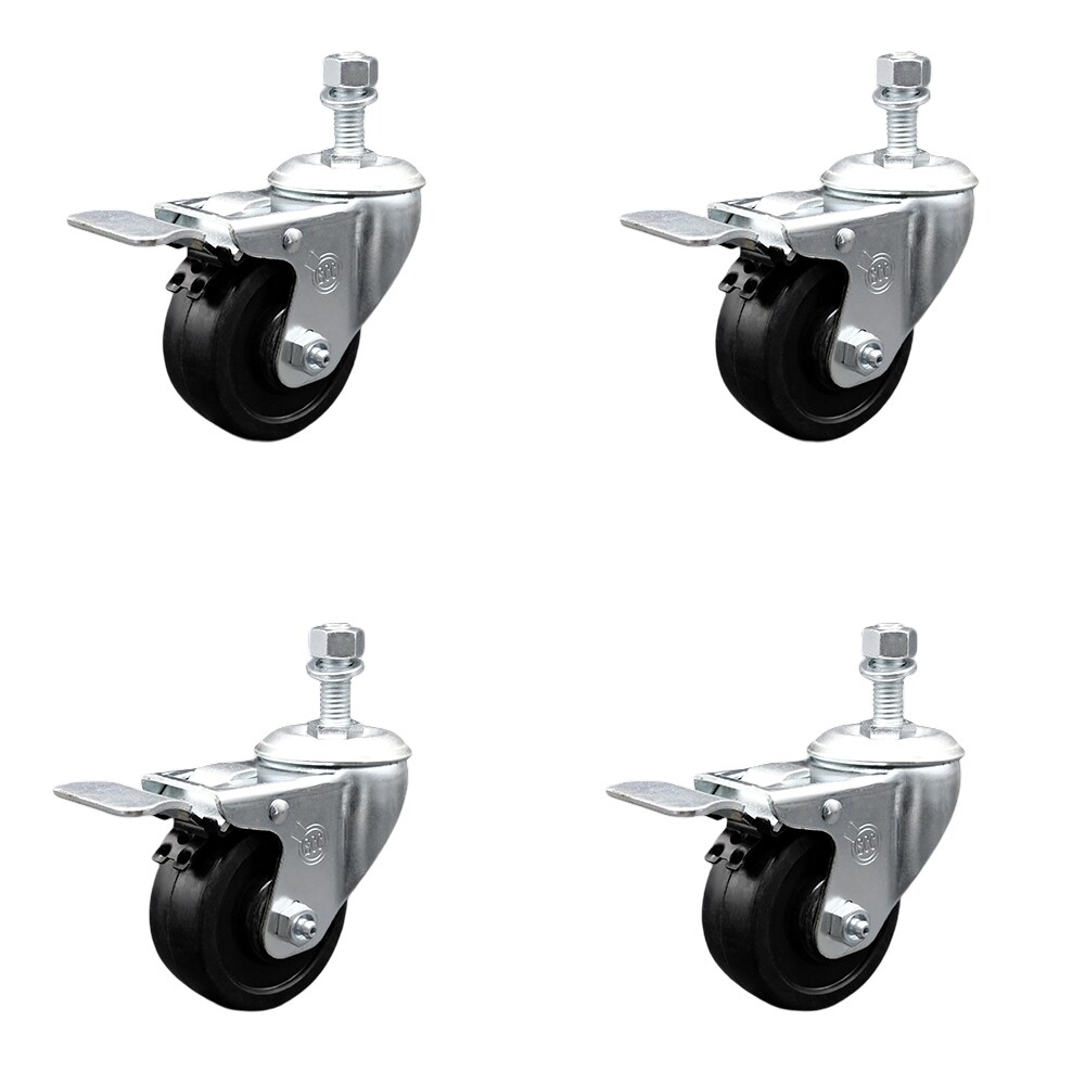3.5 Inch SS Soft Rubber 10mm Threaded Stem Caster Set Total Lock Brake SCC