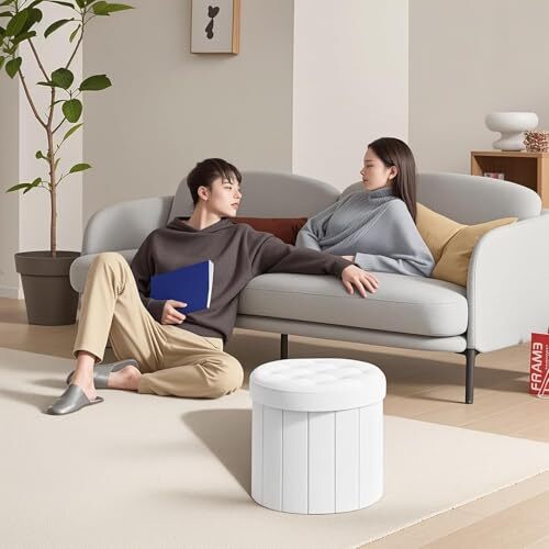Ottoman with Storage， Foot Rest Stool with Thicker Foam Leather White-2pc