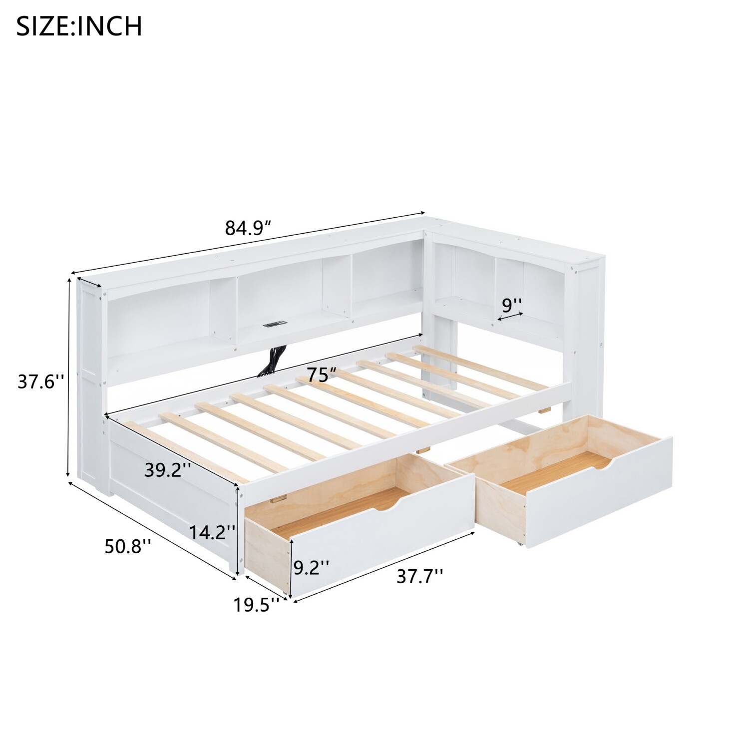 Twin Daybed Wood Bed Frame Sofa Bed w/ 2 Drawers & Storage Cabinet & USB Ports