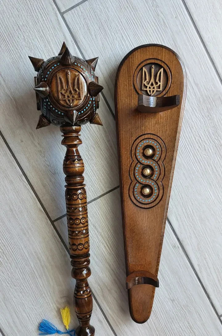 mace on a stand, souvenir mace with yellow-blue beads, gift mace with a tri 💛💙