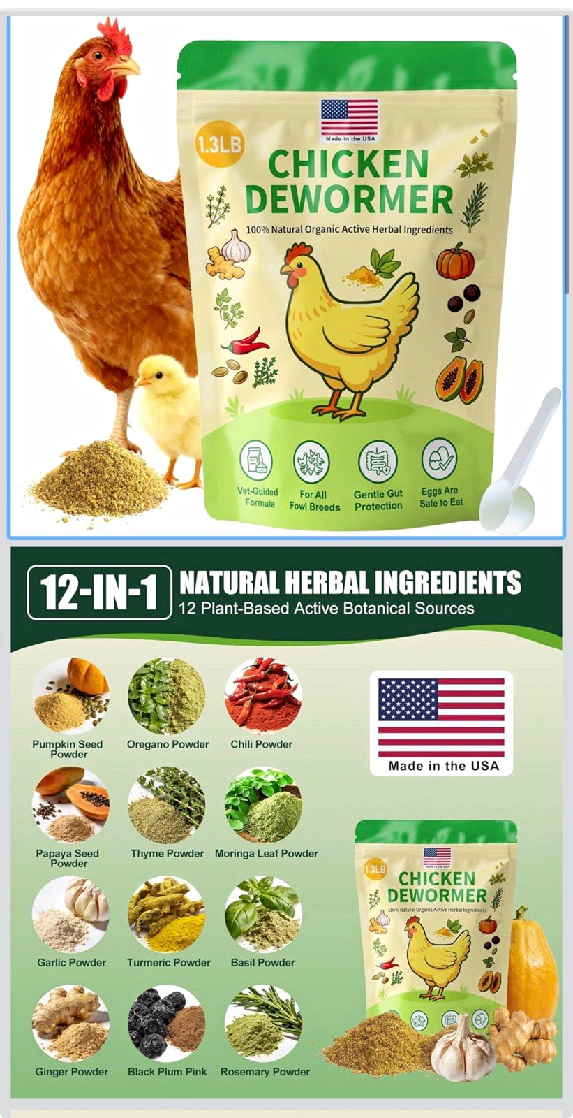 Chicken Dewormer 1.3LB Natural Organic Herbal Ingredients Plant-Based Powder