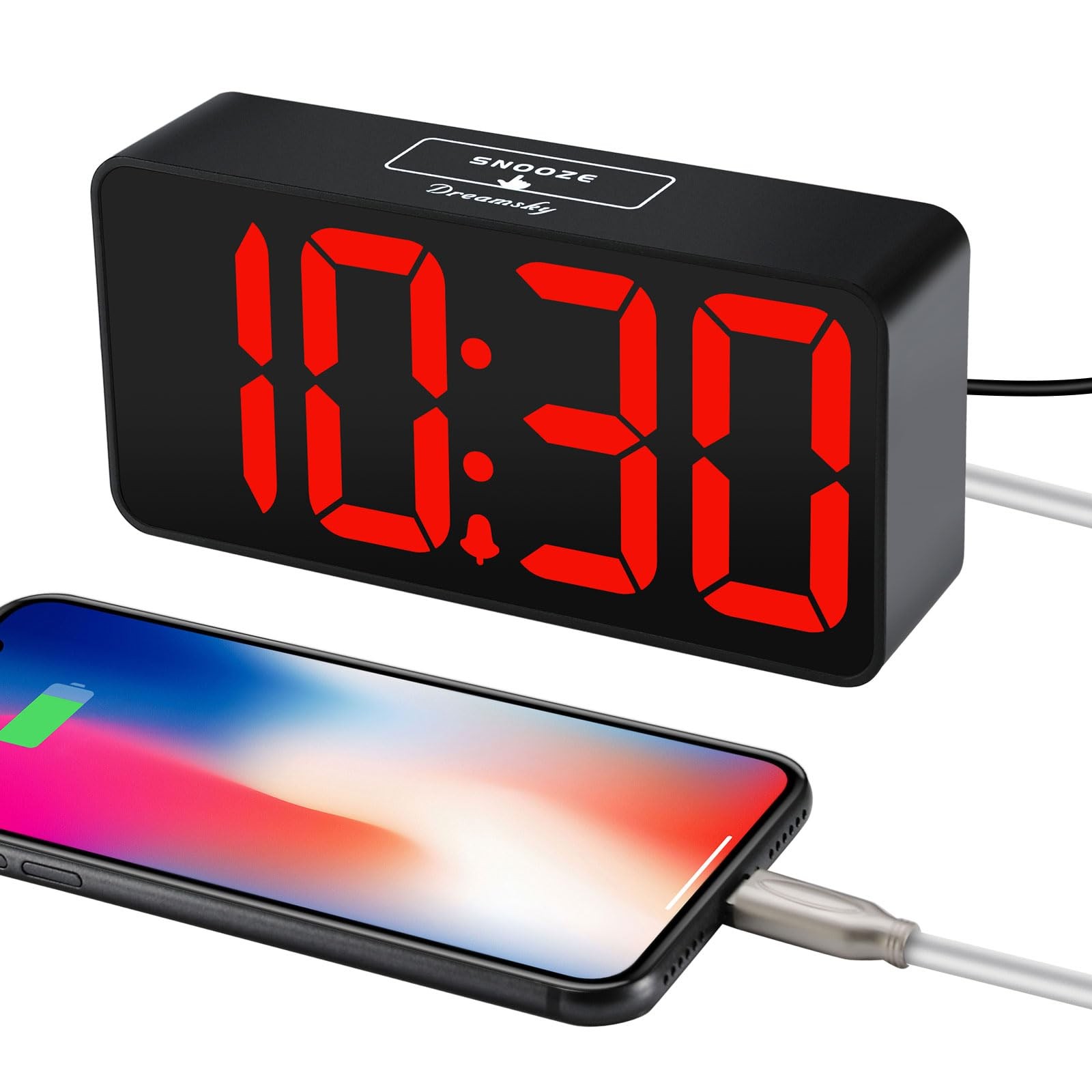 DreamSky Small Digital Alarm Clock for Bedroom, Small, Black Case Red Digits