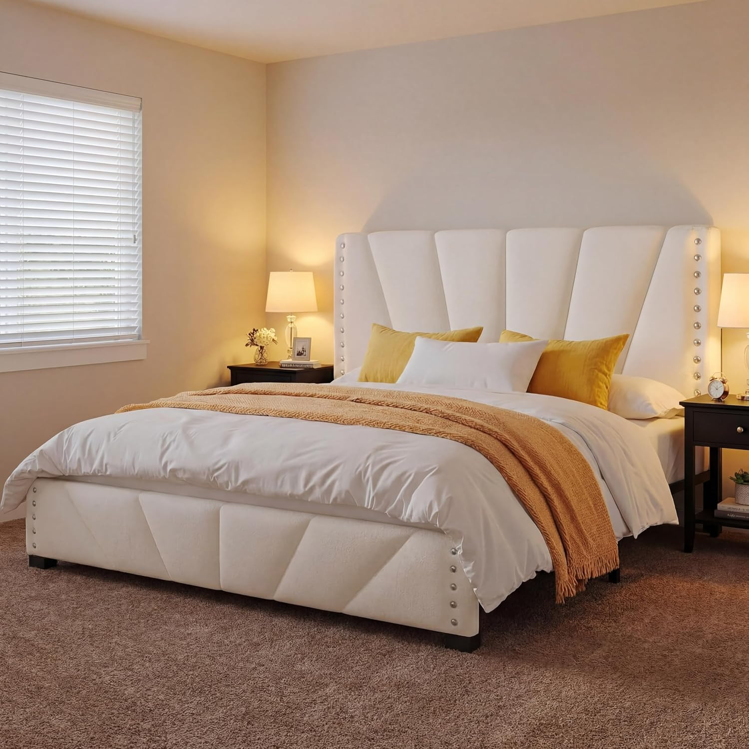 Queen Bed Frame with LED Lights & USB, Noise-Free, Beige | Adjustable Velvet Hea