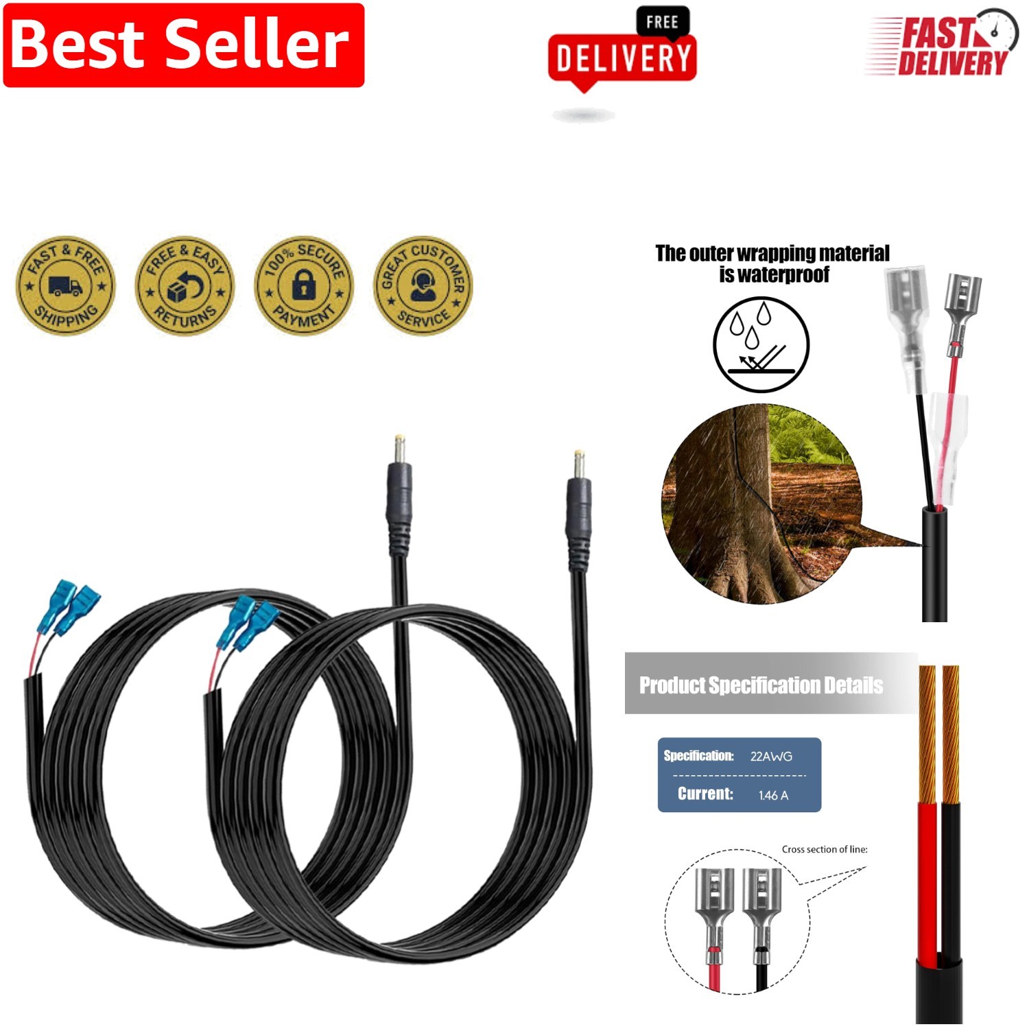 High-Performance Outdoor Trail Camera Power Cable - DC Plug - 2 Pack Set