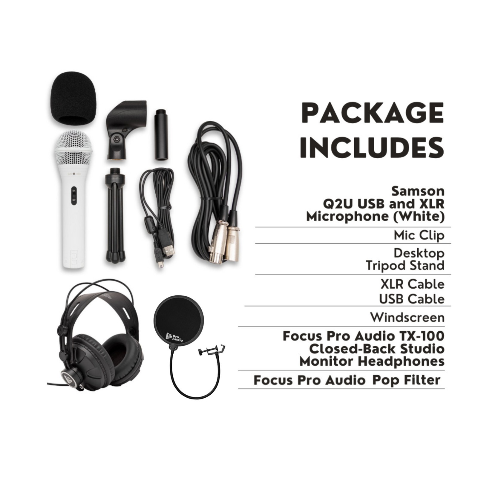 Samson Q2U USB XLR Handheld Dynamic Microphone Headphones Bundle (White)