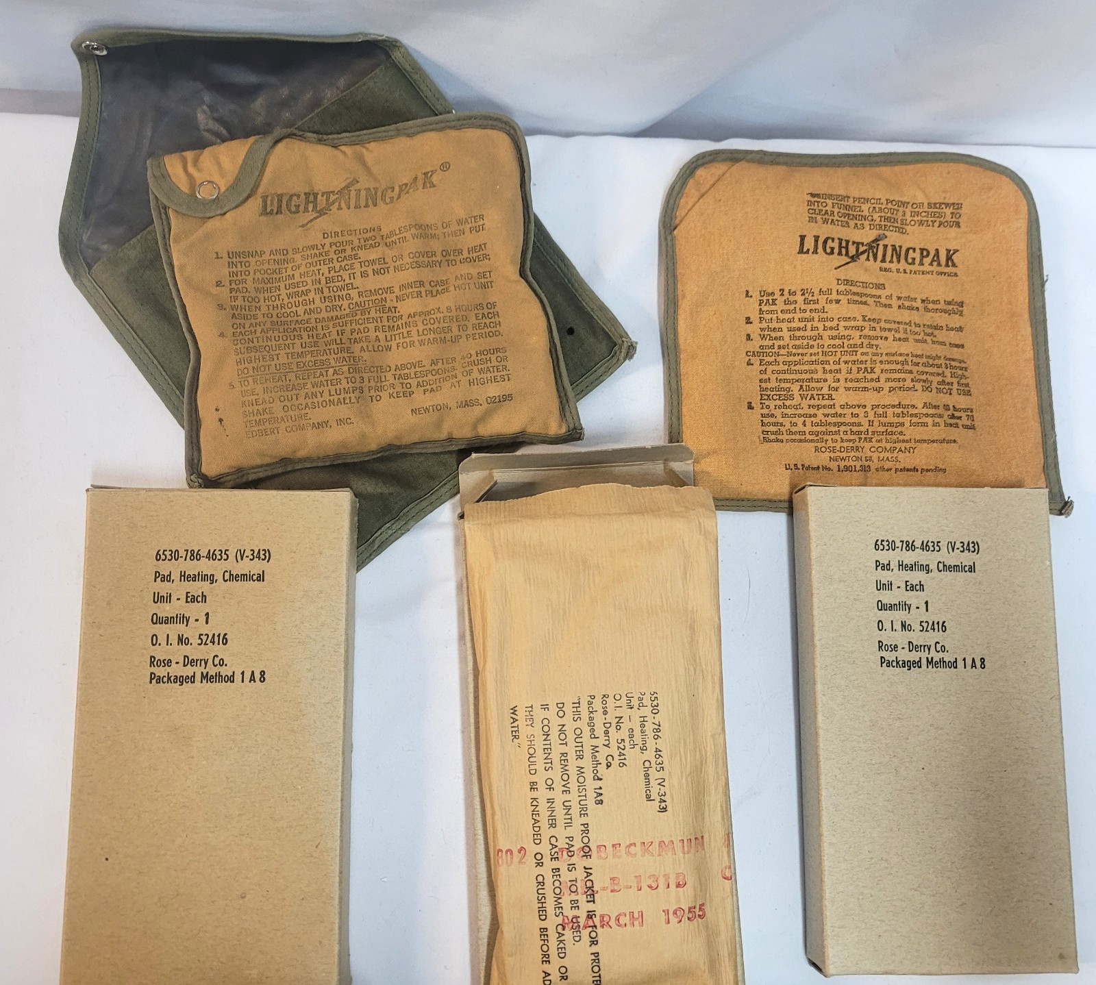Lot of 5 Vintage US Army Chemical Heating Pads Military Lightningpak  VIETNAM