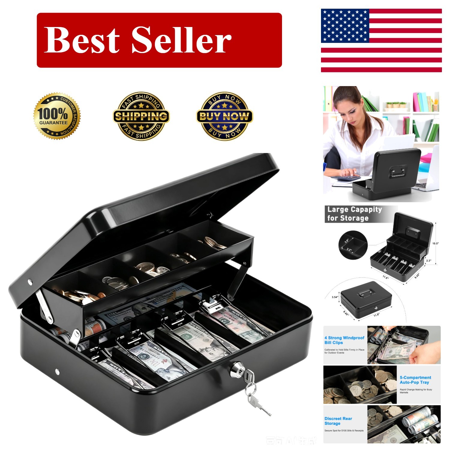 SentrySafe Fireproof Money Safe with Key Lock, Black Lock Box with Portable C...