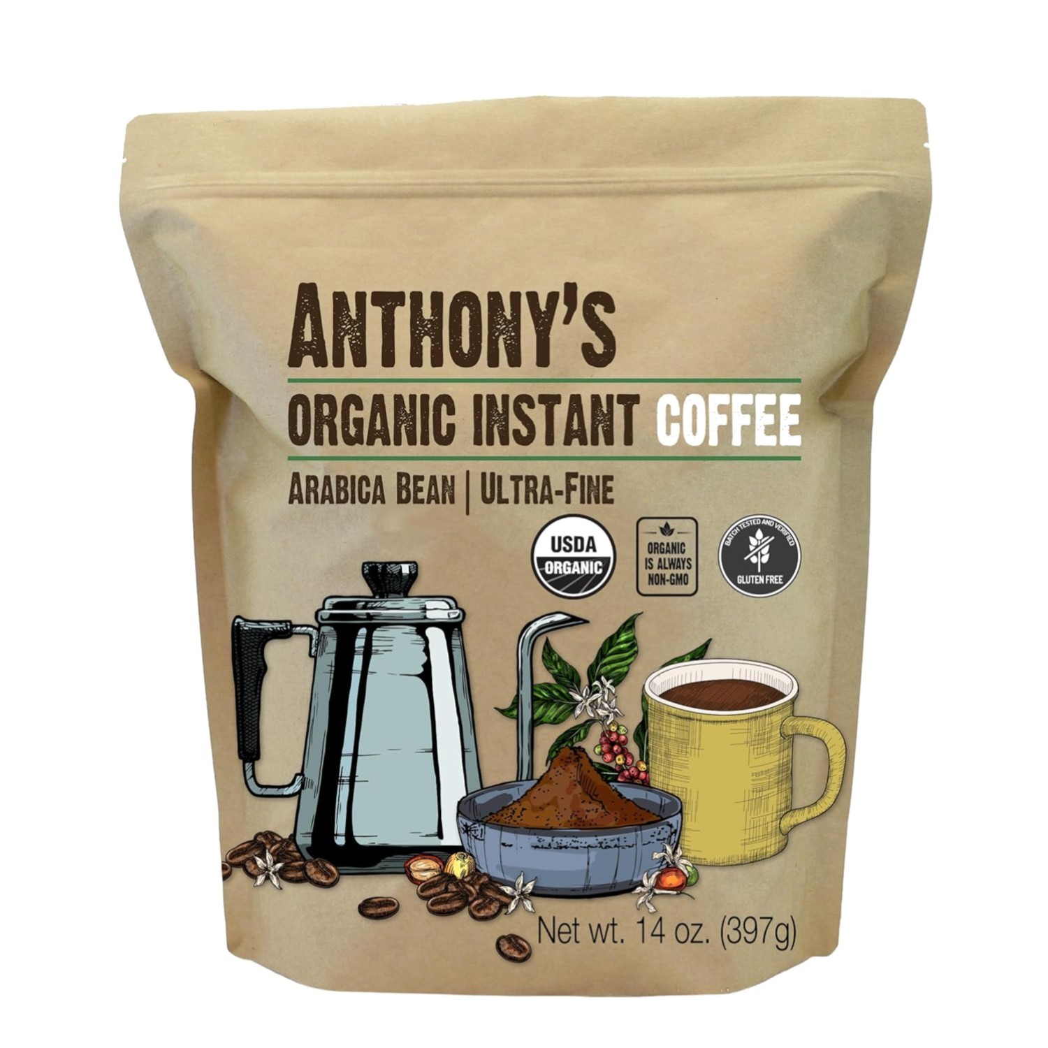 Organic Instant Coffee,14oz, Ultra Fine Microground, Gluten Free, Arabica, No...