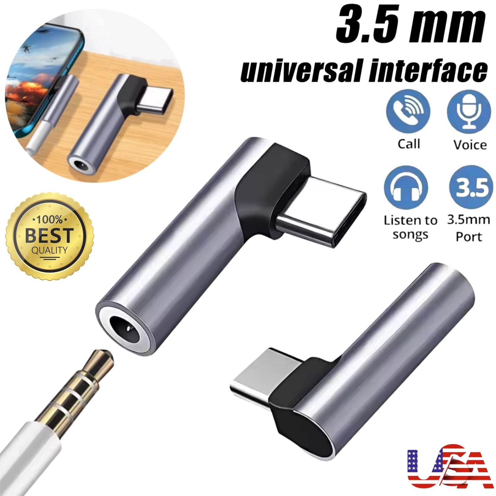 2× USB C to 3.5mm Audio Adapter Headphone Jack Dongle Aux Adapter Stereo HiFi US