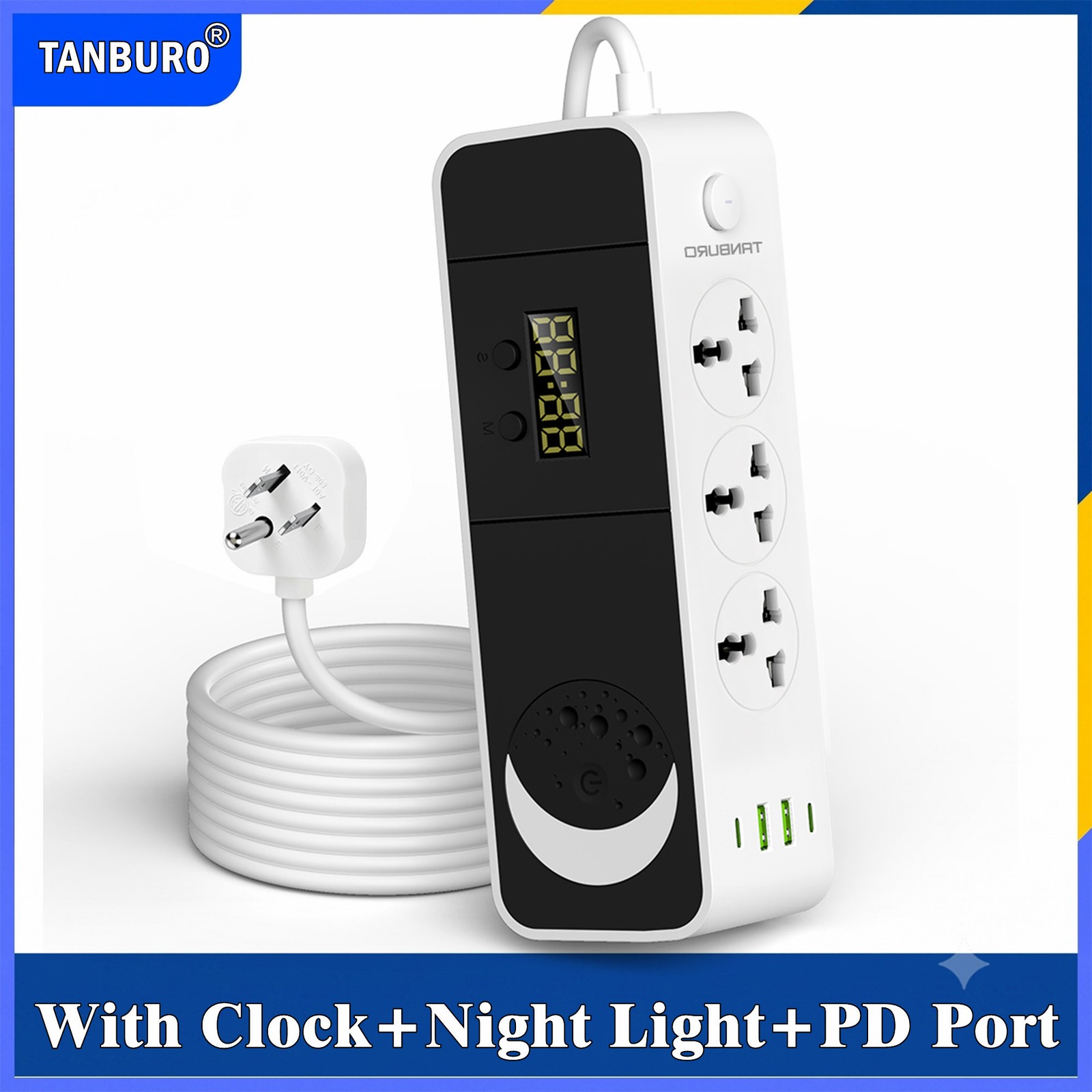 US Wall Mountable USB+PD Surge Protector Power Strip 3 Outlet Plugs Clock+Light