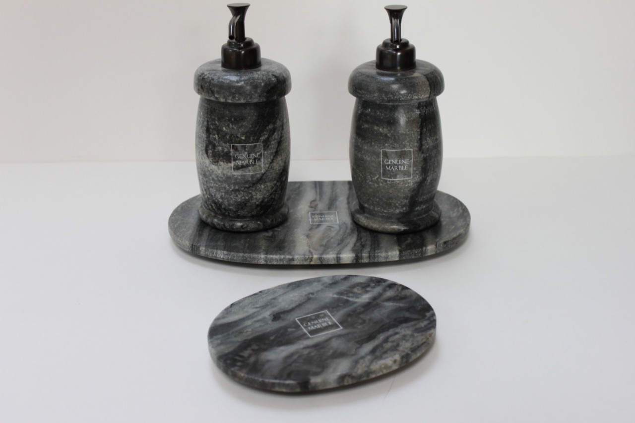 GENUINE MARBLE BATH ACCESSORY SET - BLACK/GRAY/WHITE #A - 4PC