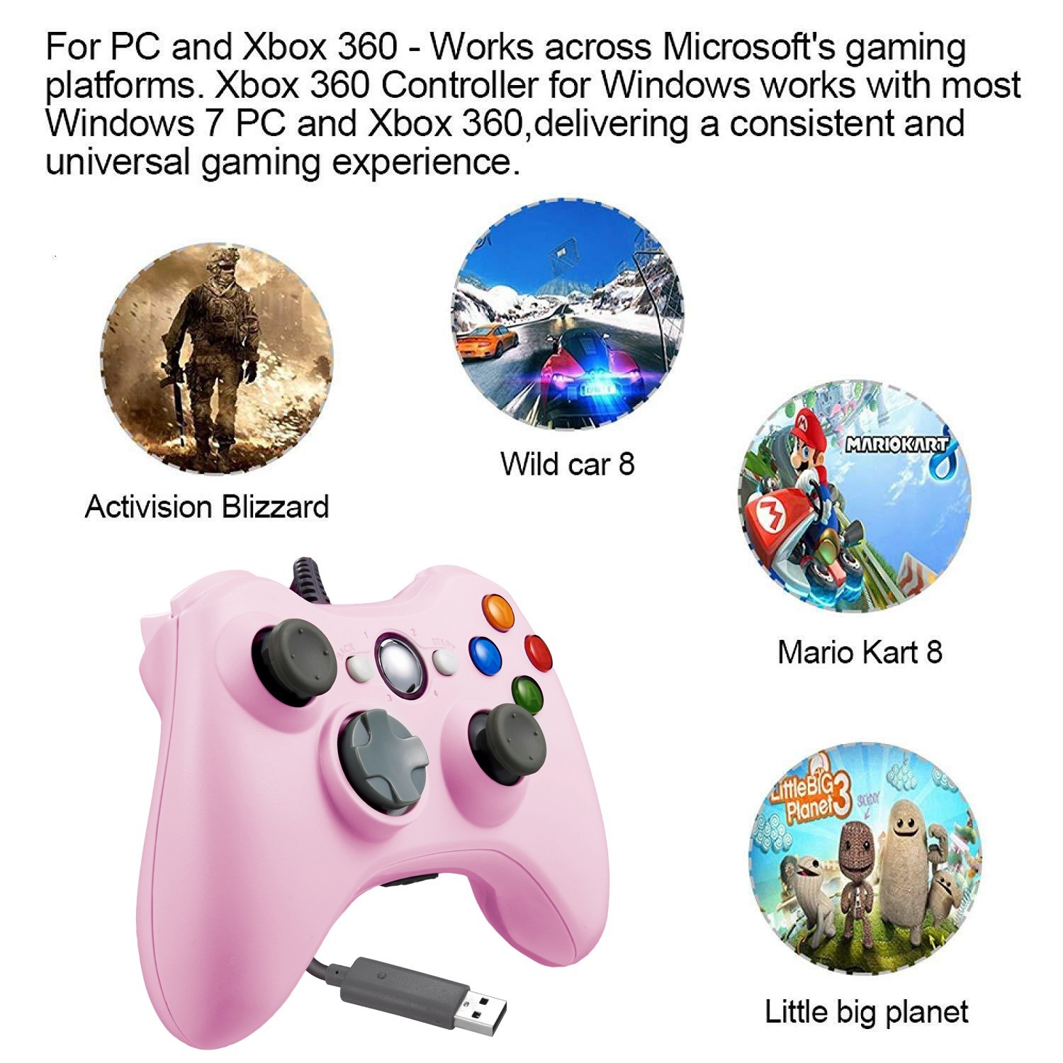 Pink Wired USB Game Controllers Joysticks for Microsoft Xbox 360 PC Windows 10 8