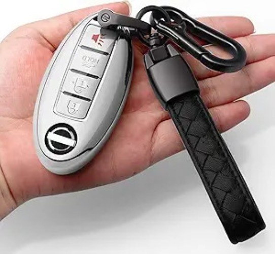 Key Fob Cover with Leather Keychain Soft TPU 360 Degree Protection Key Silver