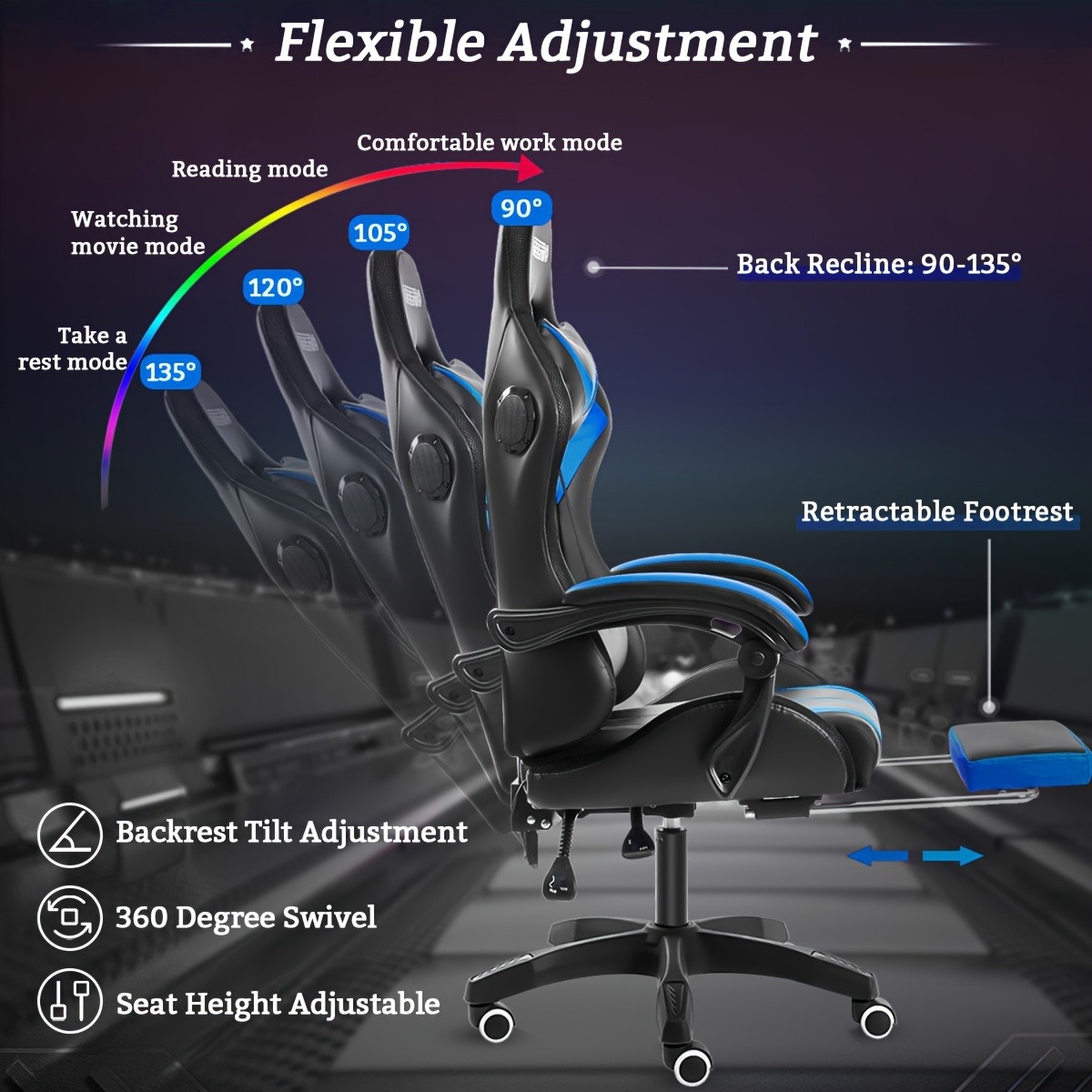 LED Gaming Chair, Big & Tall Video Game Chair With Wireless Speakers And