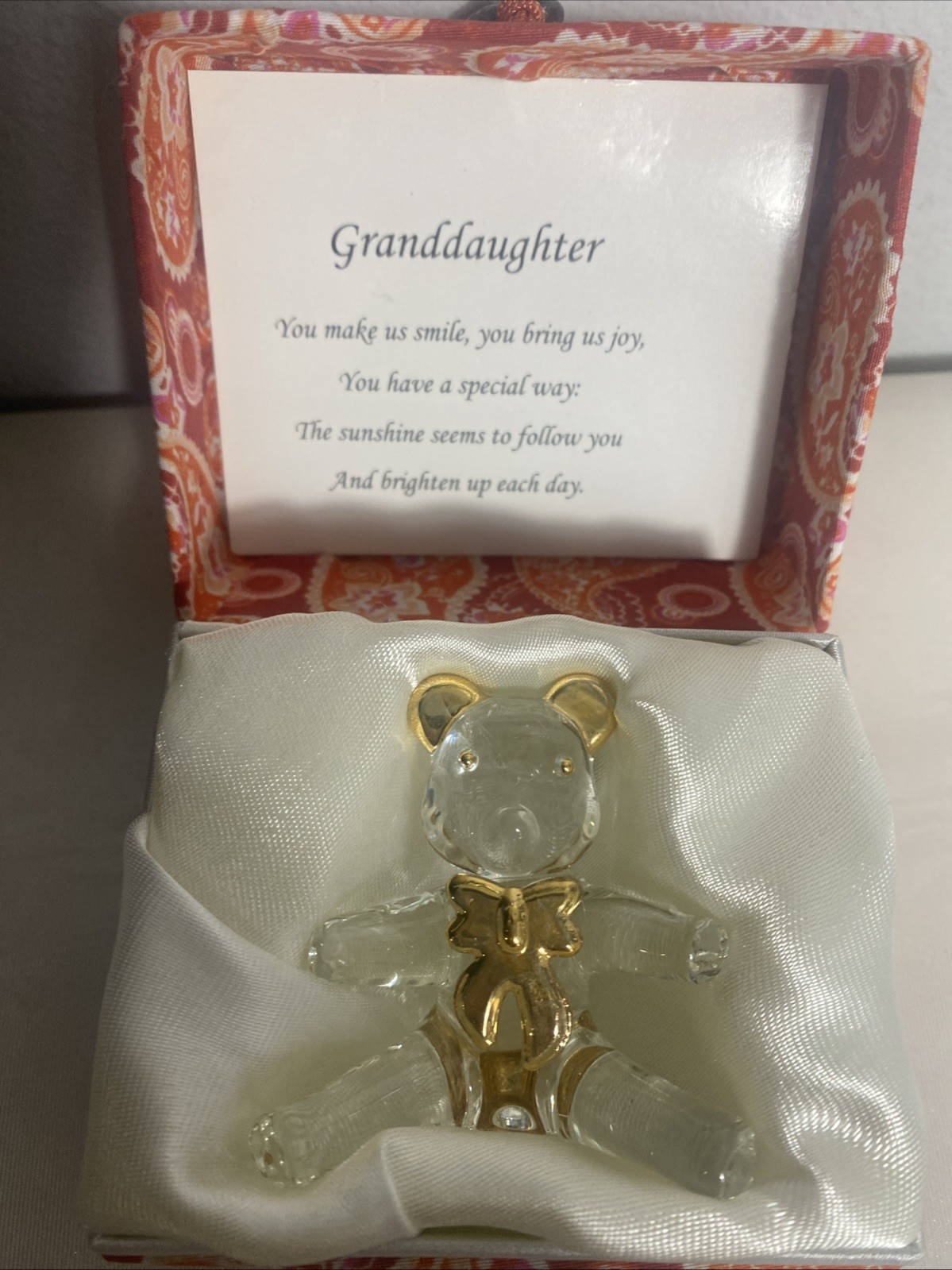 Trinket box with dedication to my granddaughter and glass bear and gold accents.