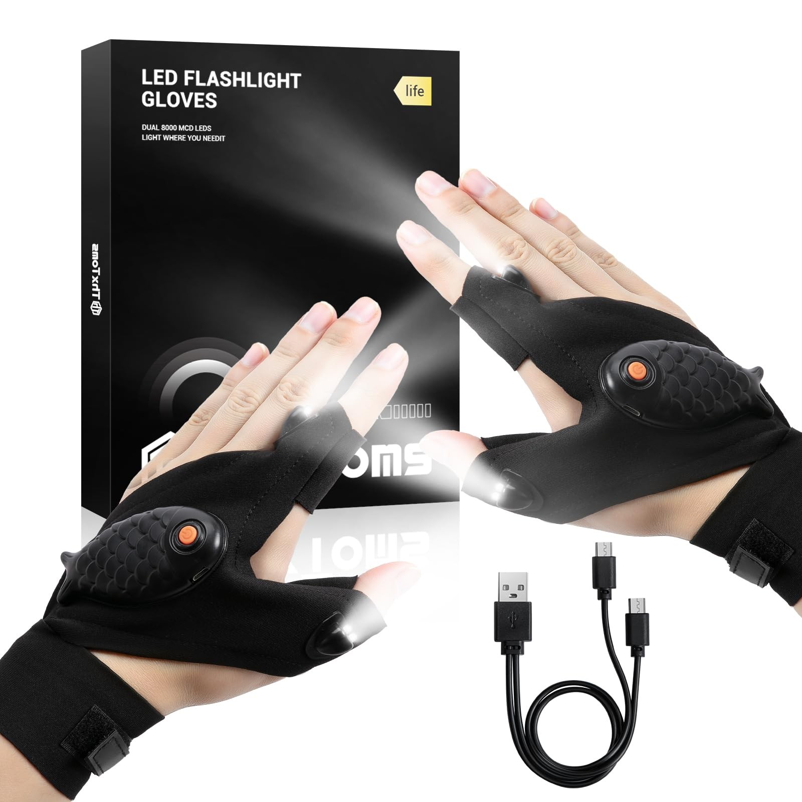 ThxToms Flashlight Gloves Rechargeable, Valentines Day Adjustable, Black