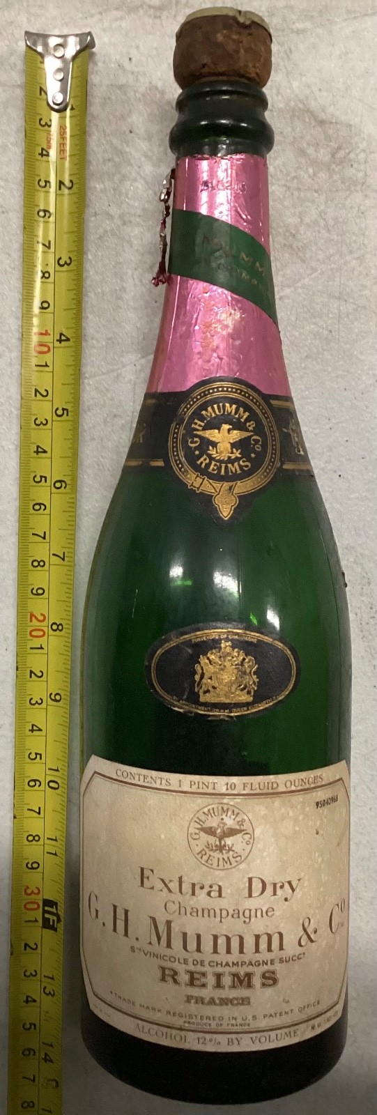 Vintage 1960s G.H. Mumm Empty Champagne Bottle With Original Cork France