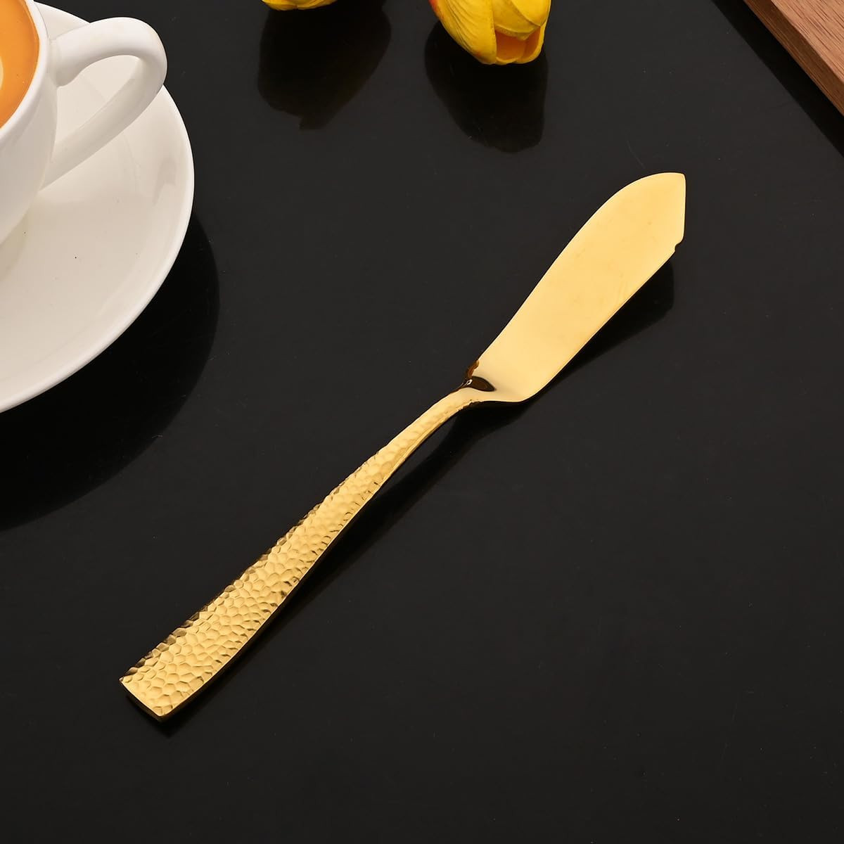 5-Piece Gold Hammered Flatware Hostess Set Stainless Steel Serving Fork Slotted