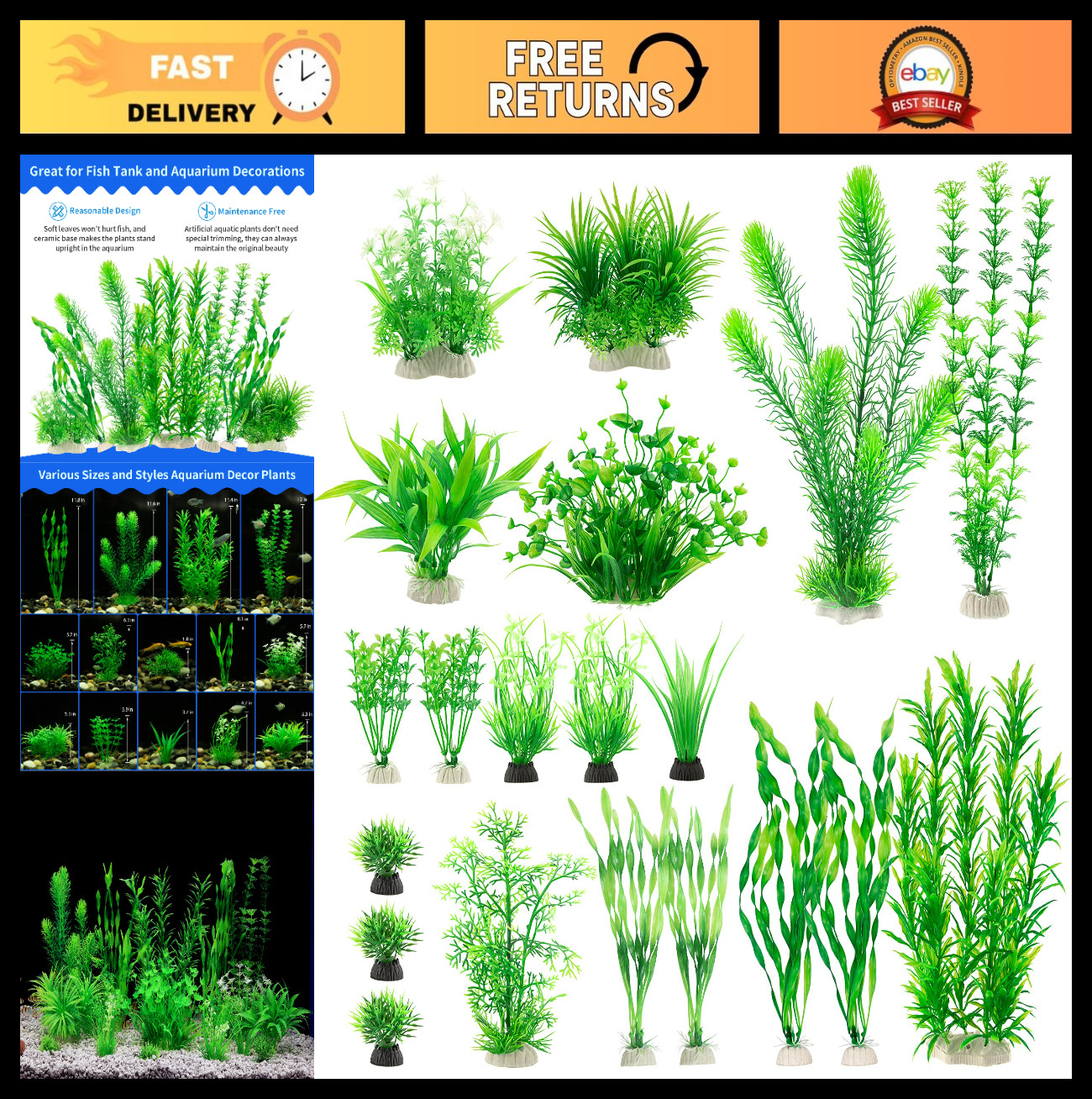 20 Pack Artificial Aquarium Plants for Fish Tank Decorations - Green Aquatic Pla