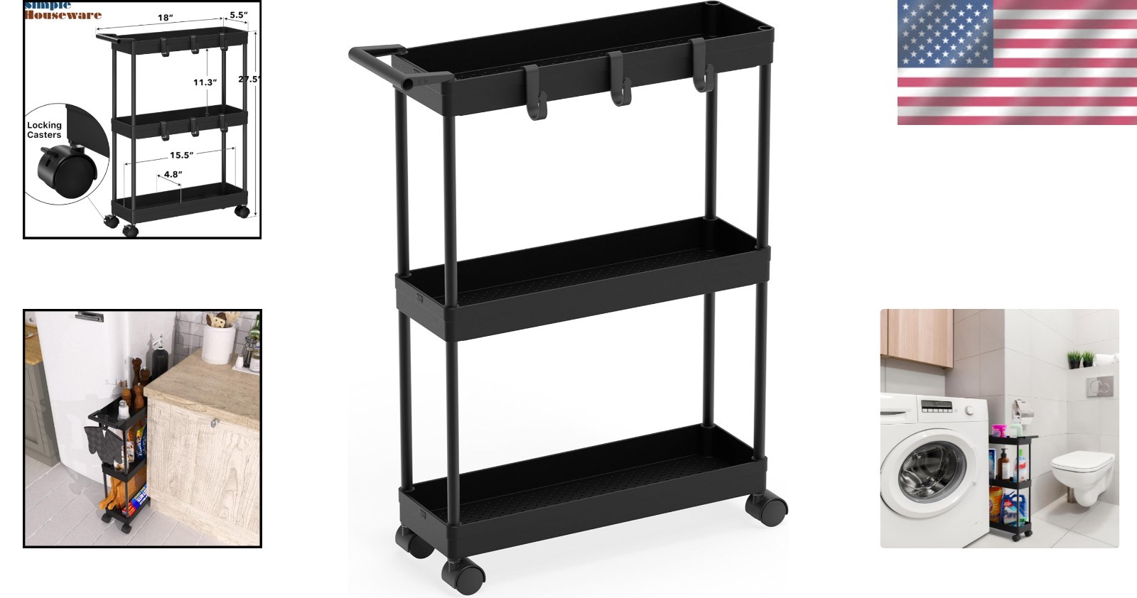 3-Tier Narrow Storage Cart with Wheels, Space-Saving Design