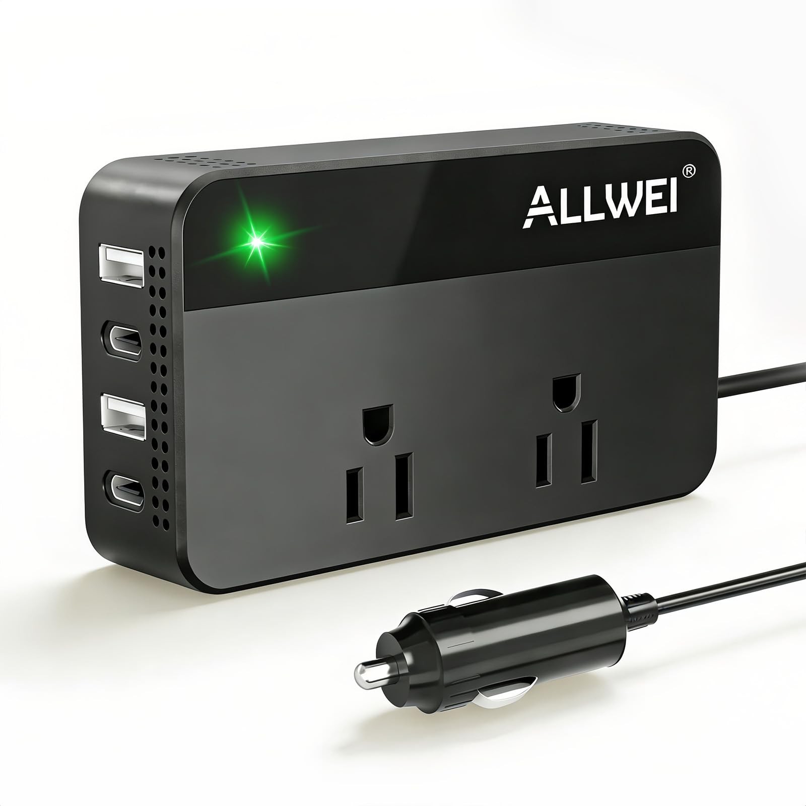 ALLWEI 200W Car Power Inverter, 12V DC to 110V AC Inverte with 4 Black