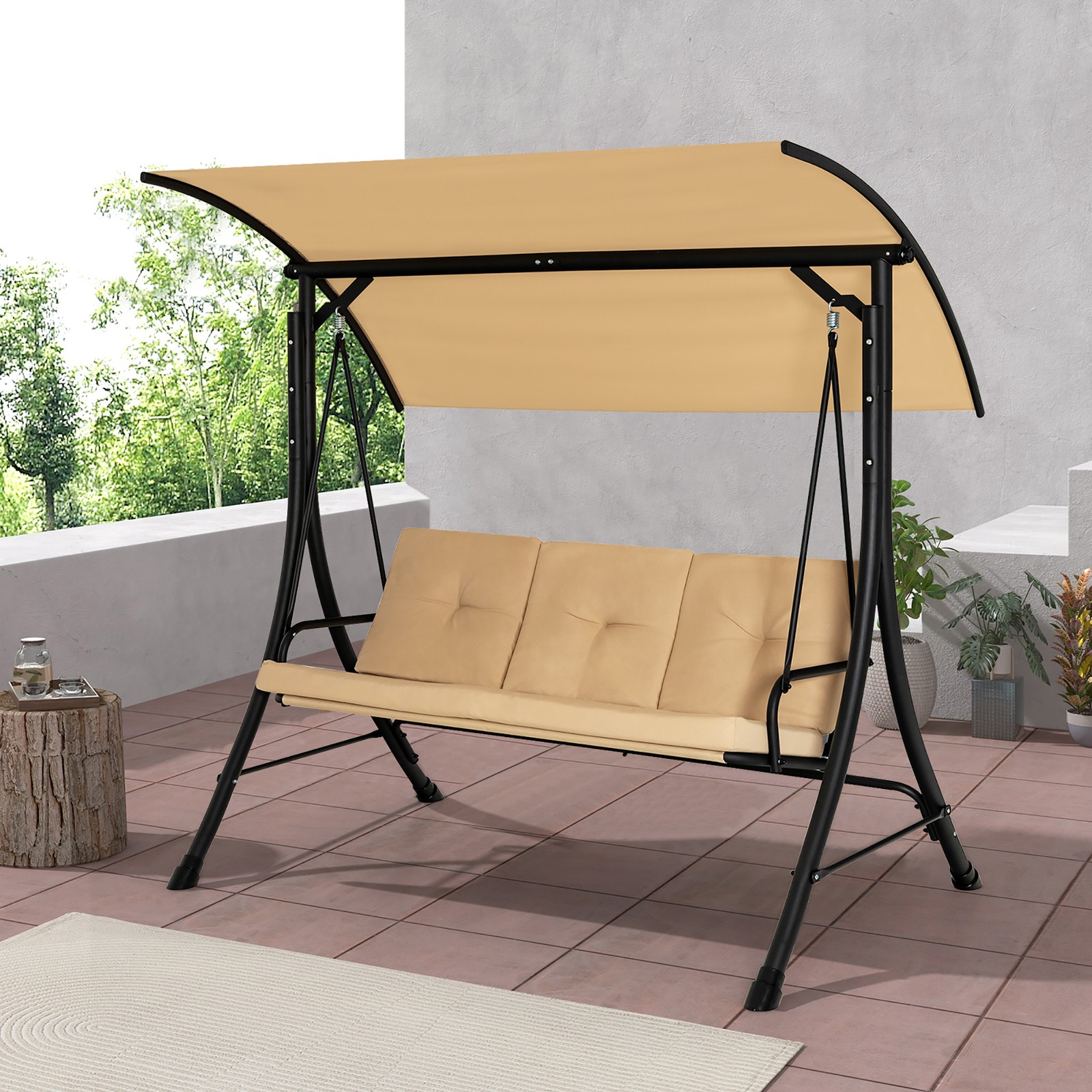 3 Person Patio Porch Swing Outdoor Swing Chair w/ Cushions & Adjustable Canopy